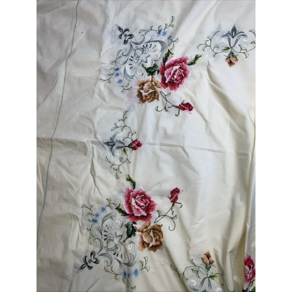 Vintage Tablecloth Embroidered Floral 80 X 60 Roses Romantic Cottage Core Fairy